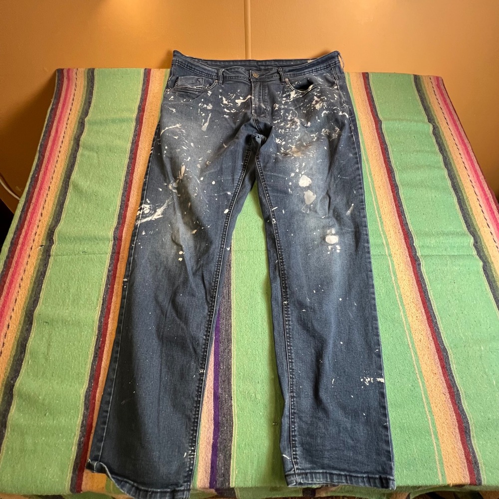 Buffalo Axel Slim Stretch Jeans Mens 42x32 Blue Paint Splatter Denim Pants